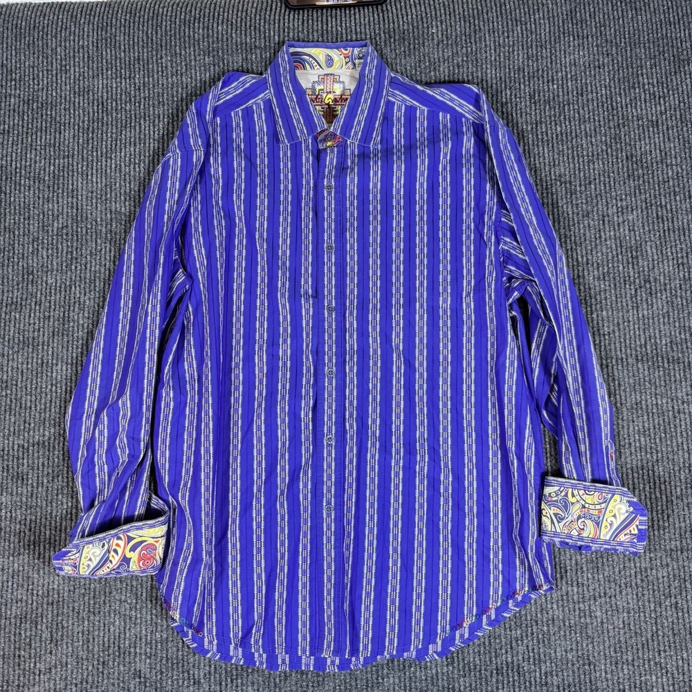 Robert Graham Shirt Mens XL Blue White Long Sleeve Striped Button Up Flip Cuff